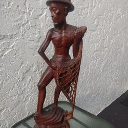 Vintage Carved Rosewood 24" Balinese Fisherman Carving Wooden Sculpture Bali Art Statue Figure - Very Detailed Indonesian Artist 