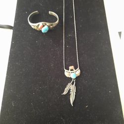 Sterling Silver Necklace with Turquoise Stone and Red Coral Stone with matching Cuff Bracelet By Elaine Sam