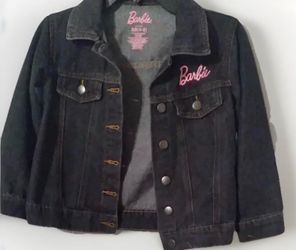 Barbie Graphic Denim Jean Jacket Girls Size 4/5 Button Front Dark Wash Doll Gift