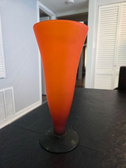 ​Vintage Frosted Art Glass Trumpet Vase Orange to Red Ombre Green Base 9.5" India