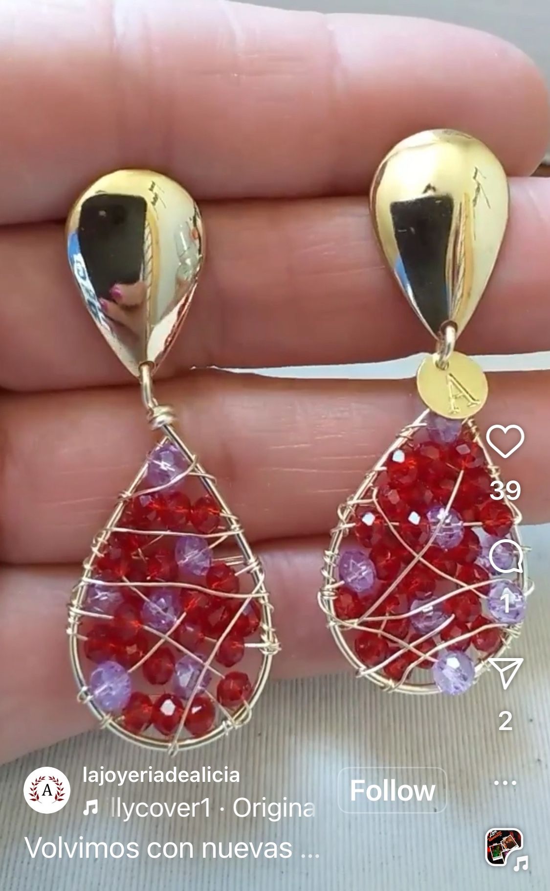 Red and Purple Bead Earrings, Handmade featuring 14k gold-plated metal drops
