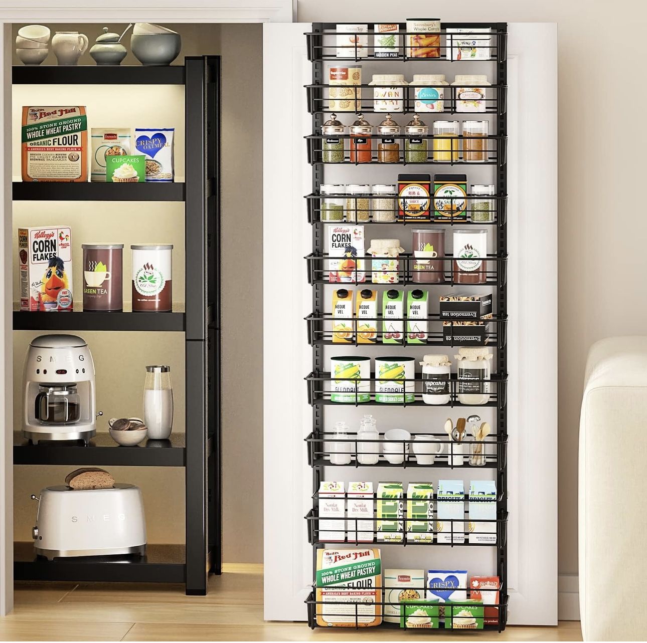 Over the Door Pantry Organizer, 10-Tier Adjustable Baskets Pantry Organization, Metal Door Shelf with Detachable Frame, Space Saving Hanging Spice Rac