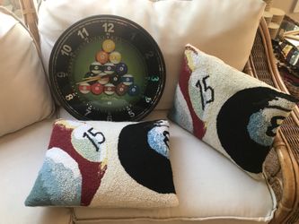 Billiards Pool Table Man Cave Clock and 2 Pillows