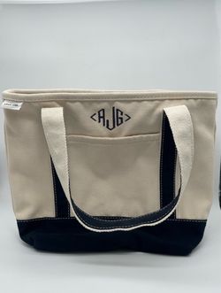 Lands' End Canvas Boat Tote Navy Cream Monogram AJG Preppy coastal