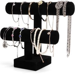 Jewelry Display, 2 Tier Jewelry Holder for Necklace Bracelet Watch Display, Table Top Display Stand, Velvet T Bar Jewelry Tower (2 tier)