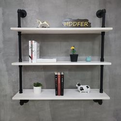 NEW 3-Tier Black Industrial Pipe & White Wood Wall Mounted Shelf Unit - Floating Shelves