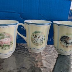 3 Assorted Porcelain Cups Lenox Blue Trim Provençal Garden