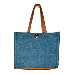 Luv Betsey XOKARTA Quilted Heart Denim Tote Bag Brown Trim Large Shoulder Purse