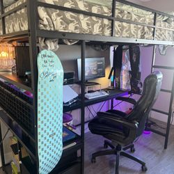 Loft Bed Twin Size with L-Shaped Desk & Pegboard & LED Lights, Metal Twin Loft Bed Frame with Charging Station, 2 Storage Drawers and Shelf, Black.   