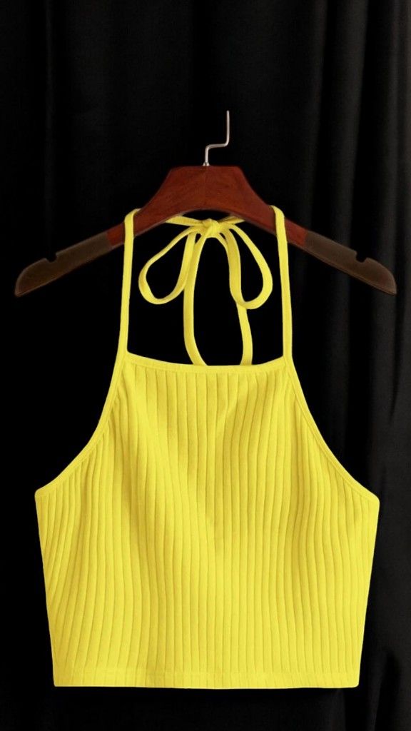 Neon Yellow Tie Back Rib-knit Halter Top