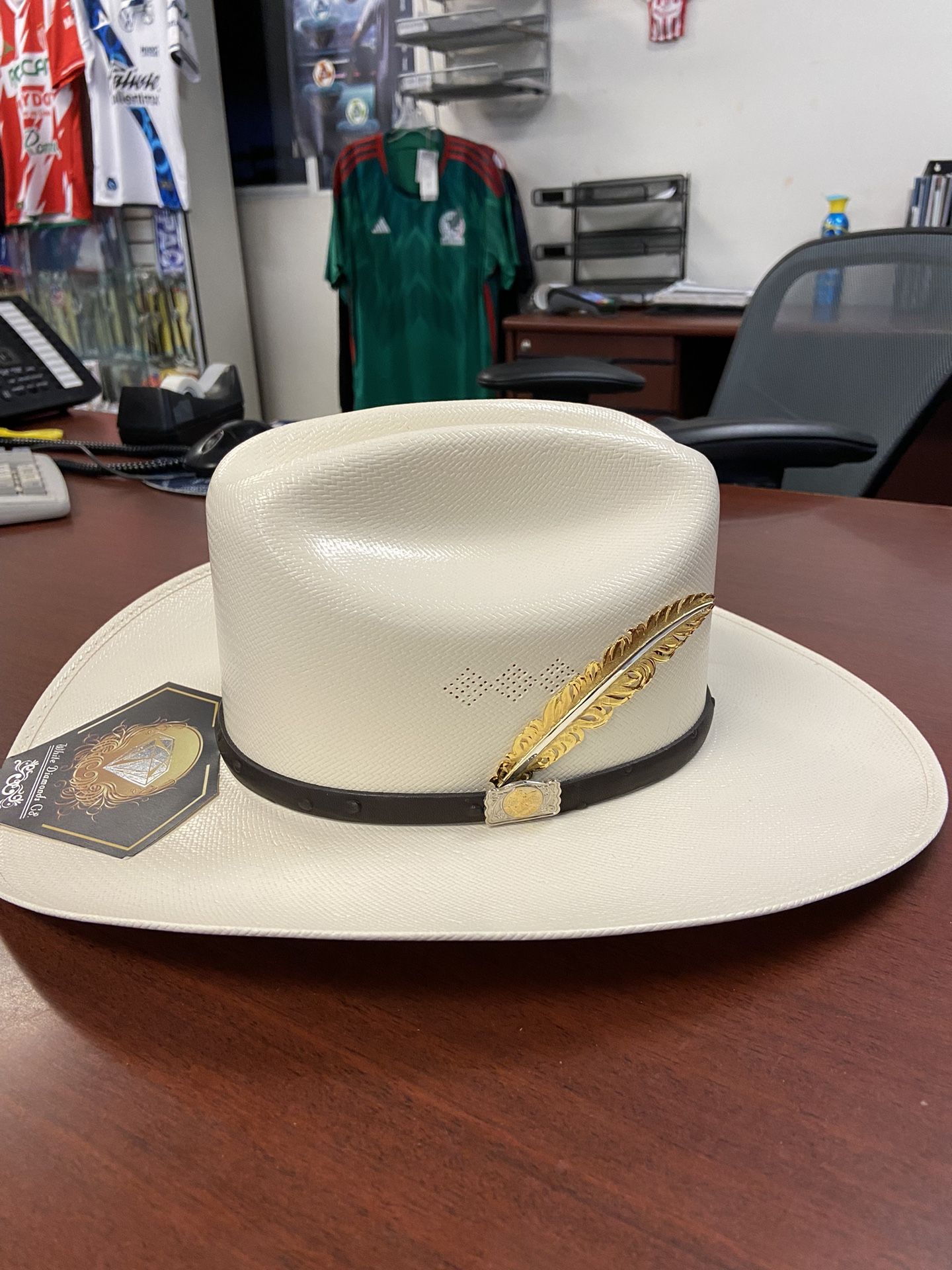 Sombrero De Palma De 2000X Estilo Sinaloa Con Pluma Chapeada En Oro
