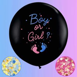 Jumbo Gender Reveal Confetti Balloon (1) 36" Black Boy or Girl Balloon Come with Blue Pink Confetti for Baby Gender 