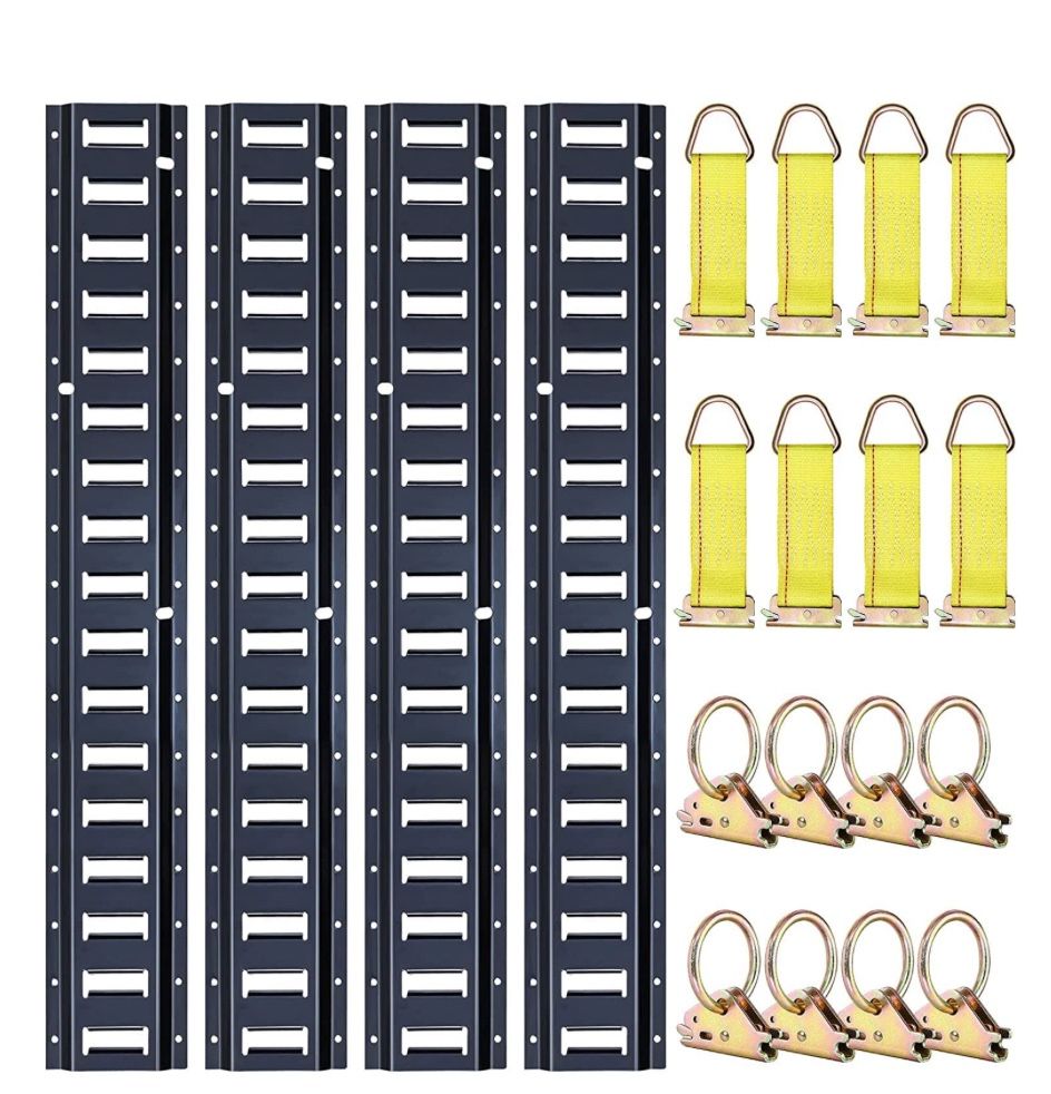 Trekassy 8ft E Track Tie-Down Rail Kit, 4 Pack 8' Etrack Rails With 16PCS E-Track Accessories Including 8 Steel O-Ring Anchors And 8 Rope Tie Offs For
