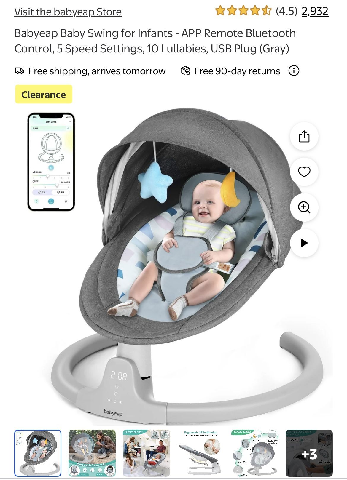 Babyeap Baby Swing for Infants - APP Remote Bluetooth Control, 5 Speed Settings, 10 Lullabies, USB Plug (Gray)