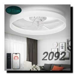🌟 Modern 20" White Ceiling Fan with LED Light | Flush Mount | Remote & App Control | Bladeless Fandelier