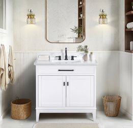 White Bathroom Vanity with Marble Top and Sink