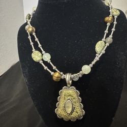 Sterling Silver 925 Pearl & Stone Southwestern Necklace Double Strand Pendant Statement Jewelry