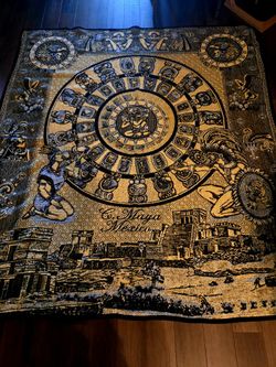Vintage woven textile, often referred to as a Mayan Calendar blanket, is a popular piece of Mexican folk art 72"×78" 
