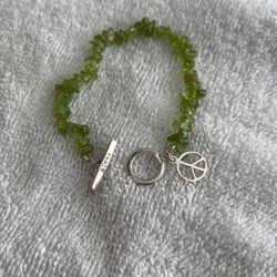 Sterling Silver 925 Green Quartz Stone “Peace” Bracelet 