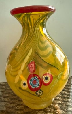 Vintage 1950s Murano Style Italian Art Glass Vase – Yellow Millefiori / Fratelli Toso Style