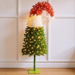 Hungdao 6 ft Santa Hat Christmas Tree Christmas Green Red and White Tree Pre-lit with 100 White LED Lights Red Xmas Artificial Trees Bendable Xmas Tre