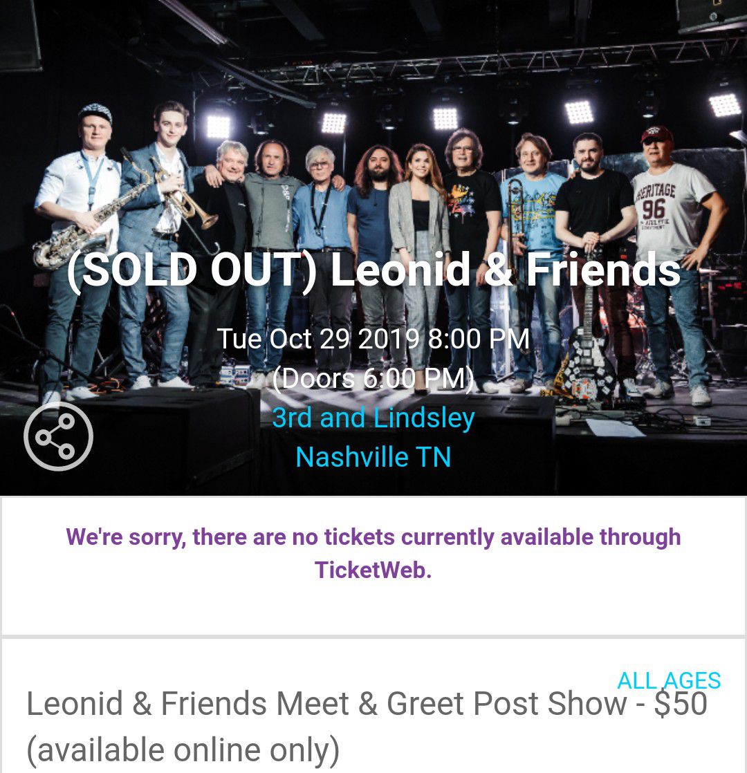 Leonid & Friends Show at 3rd & Lindsley Nashville. Tuesday, October 29th