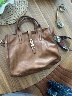 Brown Leather Tote Bag with Gold Hardware