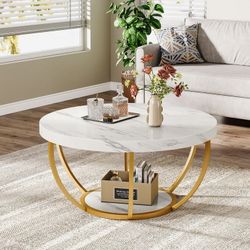 Tribesigns 32 Inches Round Coffee Table, Modern 2-Tier Center Table with Storage Open Shelves, Wooden Circle Coffee Table Sofa Side Table with Metal L