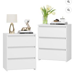 White Nightstand with 3 Drawers - Set of 2