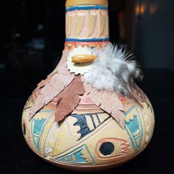 SW Pottery w/ Applied Feathers & Leatherette Leaves 