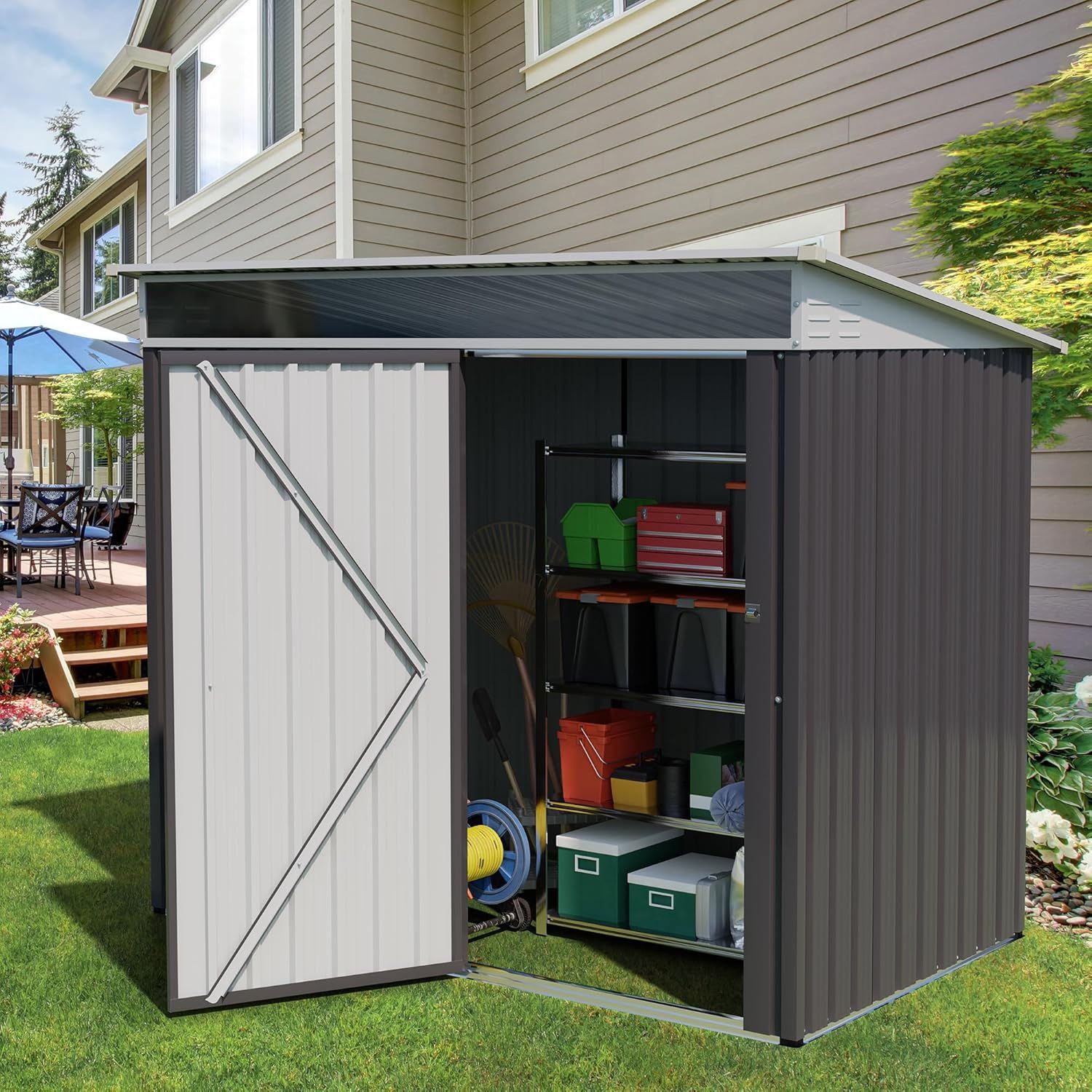New 6x4ft Outdoor Storage Shed Lockable Metal Garden Shed, Steel Storage House, Waterproof Tool Shed for Patio New in box ITRMWIN-DG-L/ITRM-DG-L * He