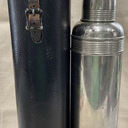ANTIQUE 1908 AMERICAN THERMOS CO. QUART GLASS LINED 14” SILVER Leather Case!