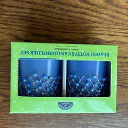 Votive candle holder, hallmark expressions blue beaded, set up two new inbox