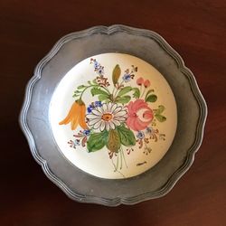 Vintage Handpainted Floral Wall Plate With Pewter (France)