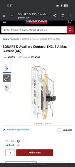SQUARE D Auxiliary Contact: 1NC, 5 A Max Current (AC)