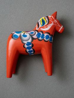 Akta Dalahemslojd Horse (Dala Horse) Carved Wood Orange Red Sweden Vintage 7"