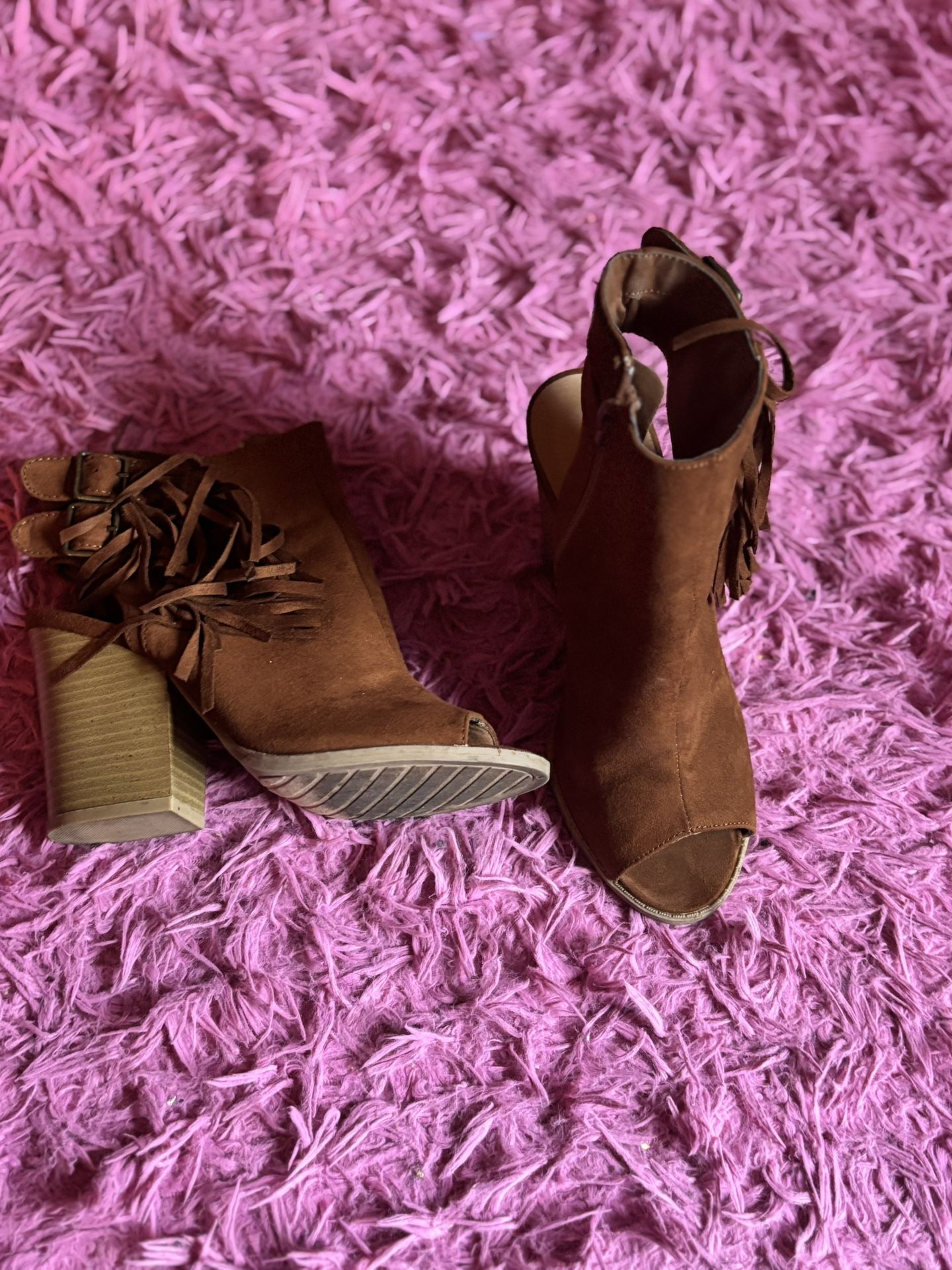 Brown Peep Toe Fringe Bootie