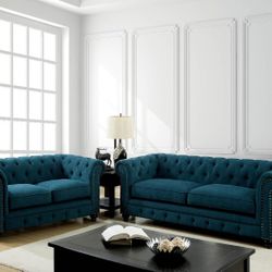 Brand New Dark Teal Chesterﬁeld Design Sofa And Love Seat 