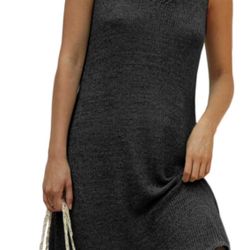 Women's Summer Casual Midi Tank Swing Dress Knit Flowy V Neck Sleeveless T-Shirt Dresses Black size Small