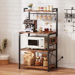 Brand New Standing Baker's Rack Coffee Bar Table - 4 Tiers Kitchen Microwave Stand with 6 Hooks, Kitchen Storage Shelves Rack