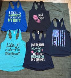 Ideal T, Lot of 5 Graphic Racerback Tank Tops, sizes Medium and Large