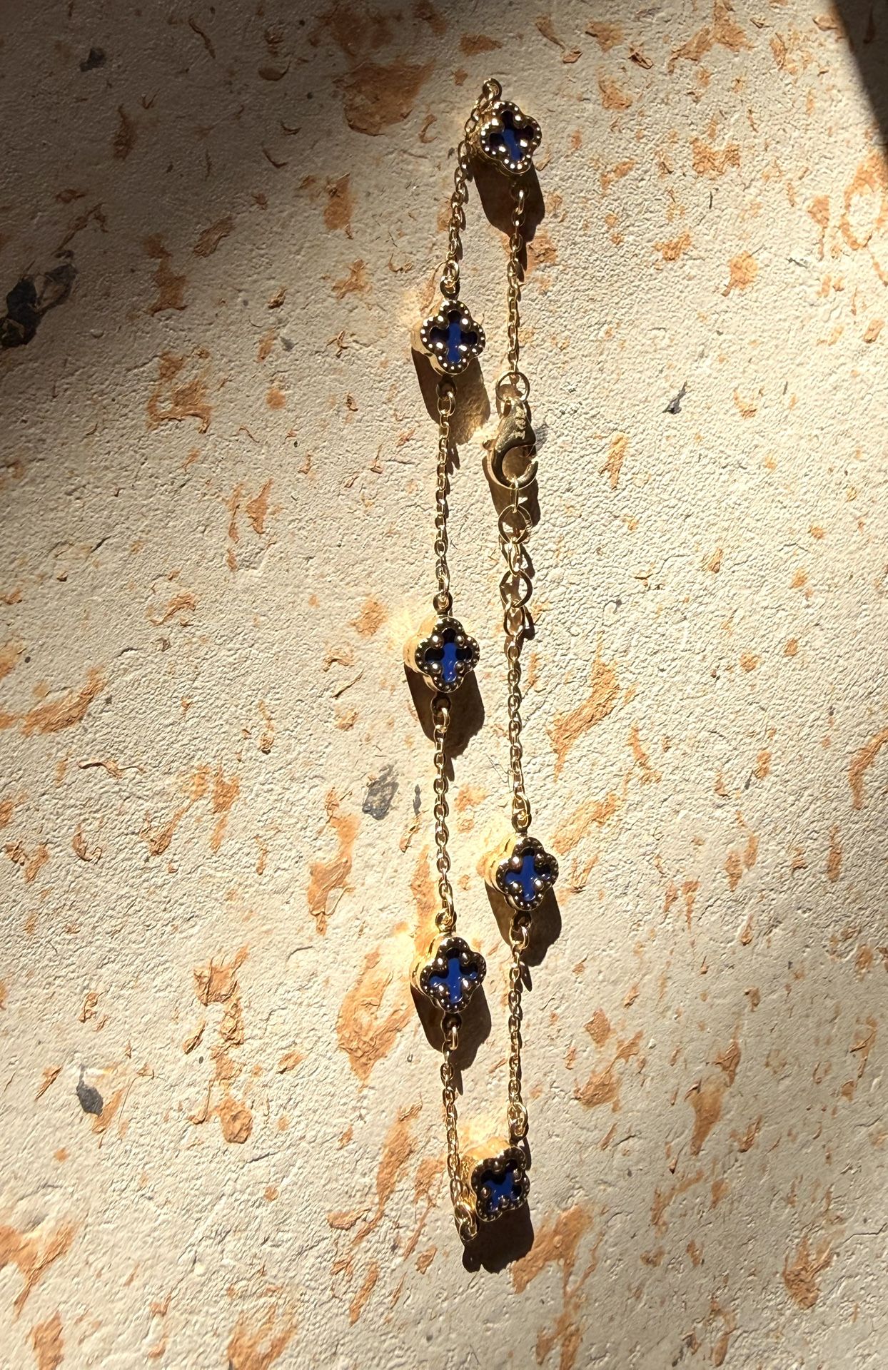 14K REAL GOLD Blue clover bracelet adjustable 7.5”-8”