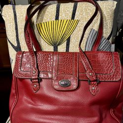 Lady’s Red Leather Embossed Satchel / Shoulder Bag 