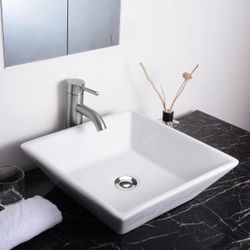 Porcelain Bathroom Vessel Sink Square with Chrome Pop up Drain Vanity White Bowl Basin 16"x16"