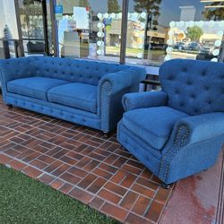 Brand New 2 Pcs Sofa Set $799 Blue Fabric Sofa & Chair 