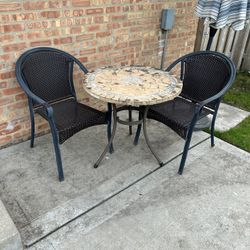 2 Chairs, Mosaic Table, Umbrella And Stand