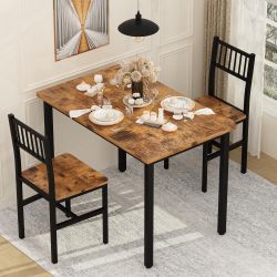 3 Piece Dining Table Set, Industrial Kitchen Table and 2 Chairs with Metal Frame, Dining Room Table Set, Breakfast Table Set for Small Space, Dining R