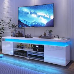 LED TV Stand for 85 Inch TV, Modern TV Stand with Power Outlet, High Gloss TV Console Entertainment Center with Storage and LED Lights for Living Room