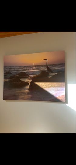 Heron Sunset Beach Canvas Wall Art