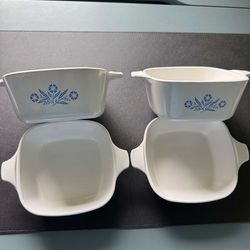 Set of Four Corning: Petite Square Cornflower Blue Casserole Dishes Bakeware Stoneware #P-43-B/P-41-B Vintage